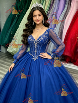 Royal Blue Tulle V-neck Long Sleeve Quinceanera Dress