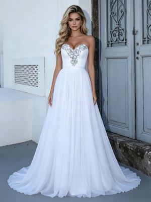 White Chiffon Strapless Wedding Dress