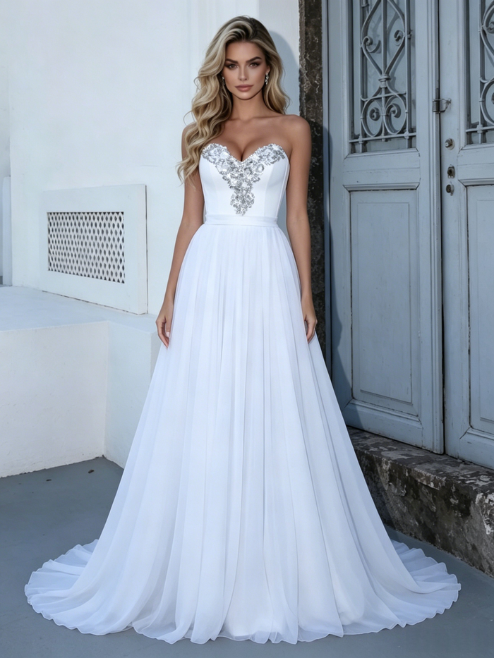 White Chiffon Strapless Wedding Dress