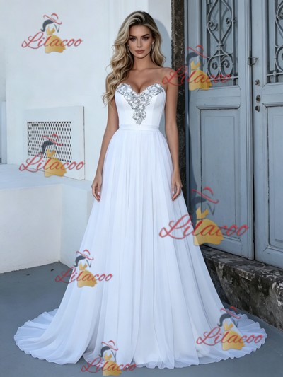 White Chiffon Strapless Wedding Dress