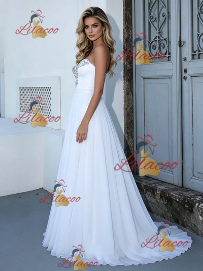 White Chiffon Strapless Wedding Dress