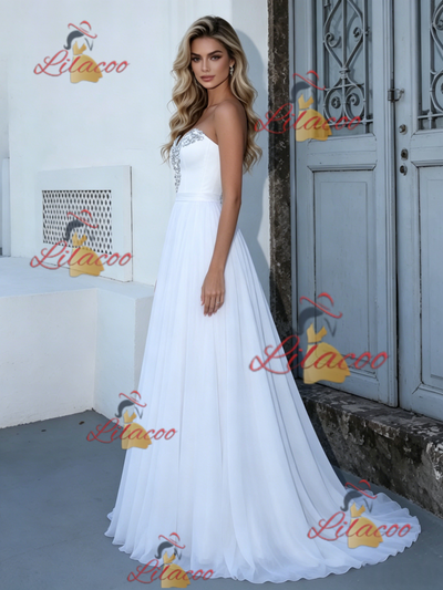 White Chiffon Strapless Wedding Dress