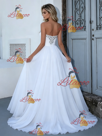 White Chiffon Strapless Wedding Dress
