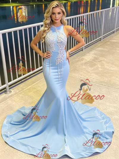 Blue Mermaid Appliques Beading Prom Dress