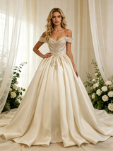 Ivory Satin Off the Shoulder Beading Wedding Dress