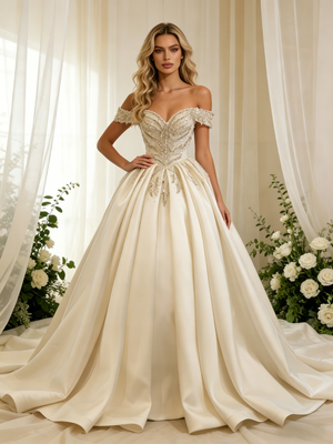 Ivory Satin Off the Shoulder Beading Wedding Dress