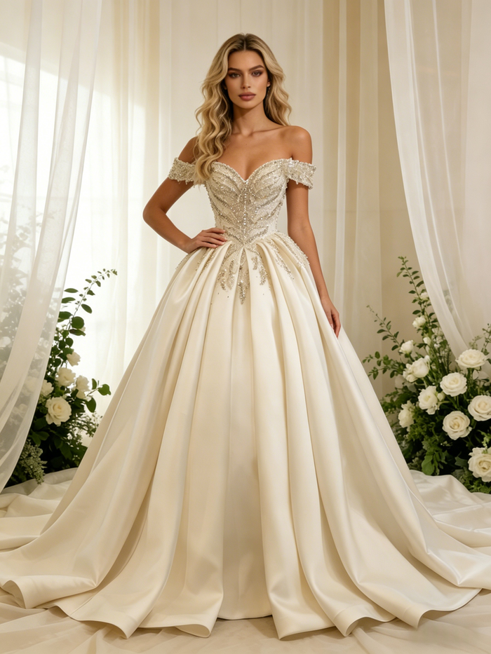 Ivory Satin Off the Shoulder Beading Wedding Dress