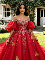 Red Tulle Puff Sleeve Beading Quinceanera Dress