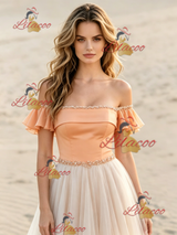 Champagne Tulle Off the Shoulder Beading Wedding Dress