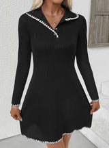 Contrast Edge Knitted Slim Long Sleeve Dress