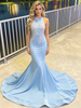 Blue Mermaid Appliques Beading Prom Dress