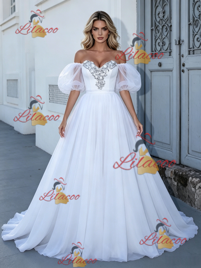 White Puff Sleeve Beading Wedding Dress