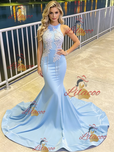 Blue Mermaid Appliques Beading Prom Dress