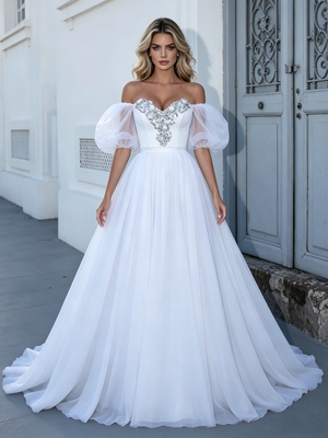 White Puff Sleeve Beading Wedding Dress