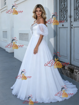White Puff Sleeve Beading Wedding Dress