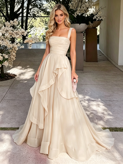 Champagne Tulle Straps Pleats Prom Dress