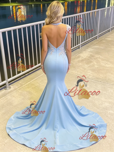 Blue Mermaid Appliques Beading Prom Dress