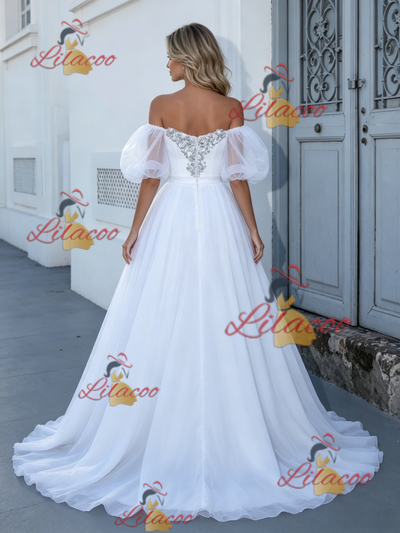 White Puff Sleeve Beading Wedding Dress