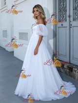 White Puff Sleeve Beading Wedding Dress