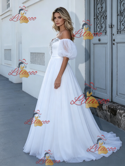 White Puff Sleeve Beading Wedding Dress