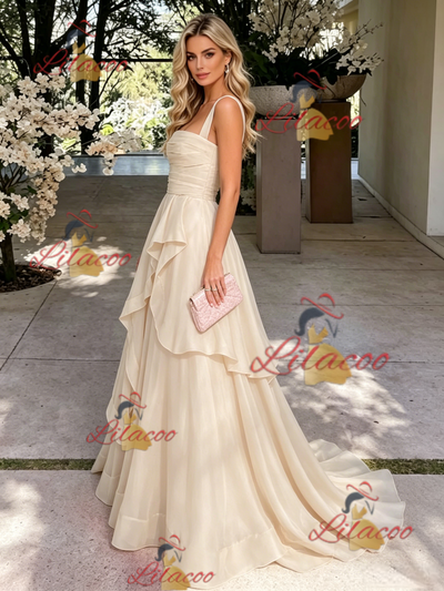 Champagne Tulle Straps Pleats Prom Dress
