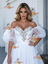White Puff Sleeve Beading Wedding Dress