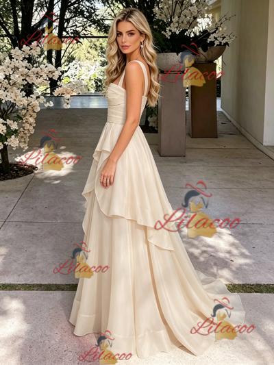 Champagne Tulle Straps Pleats Prom Dress