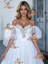 White Puff Sleeve Beading Wedding Dress