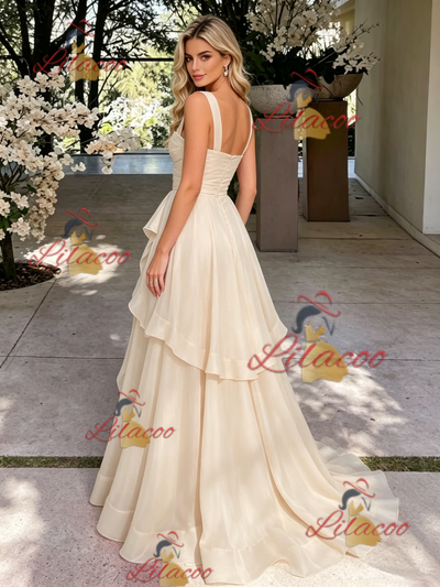 Champagne Tulle Straps Pleats Prom Dress