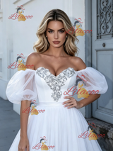 White Puff Sleeve Beading Wedding Dress
