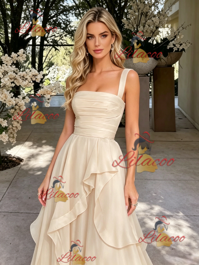 Champagne Tulle Straps Pleats Prom Dress