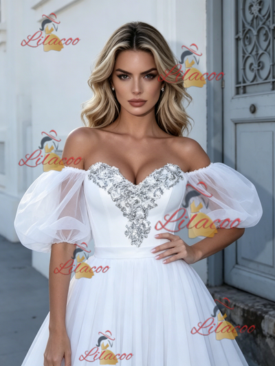 White Puff Sleeve Beading Wedding Dress