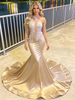 Gold Mermaid Beading Long Sleeve Prom Dress