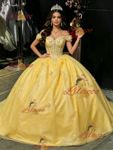 Yellow TUlle Off the Shoulder Appliques Quinceanera Dress