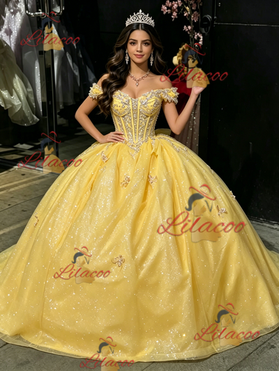 Yellow TUlle Off the Shoulder Appliques Quinceanera Dress