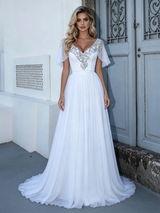 White V-neck Beading Wedding Dress