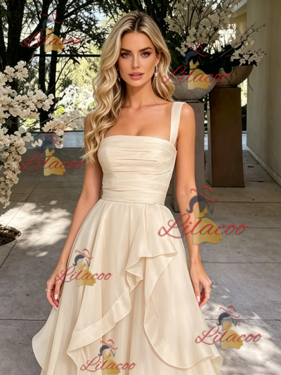 Champagne Tulle Straps Pleats Prom Dress
