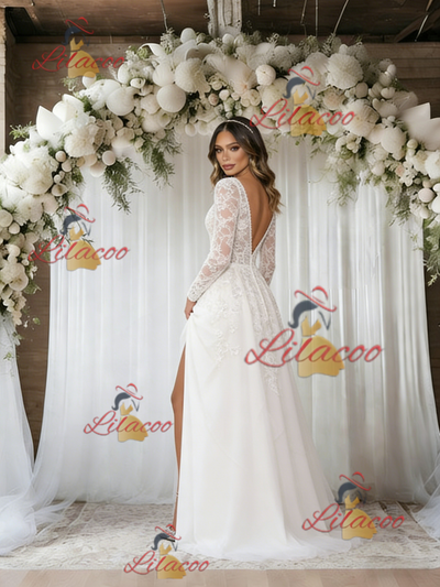 White Tulle Lace Long Sleeve Wedding Dress