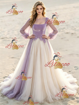 Champagne Tulle Long Sleeve Appliques Wedding Dress