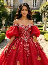 Red Tulle Puff Sleeve Beading Quinceanera Dress