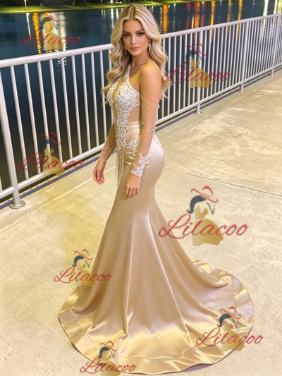 Gold Mermaid Beading Long Sleeve Prom Dress