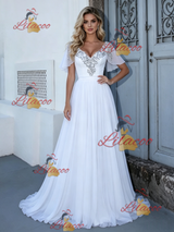 White V-neck Beading Wedding Dress