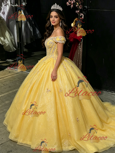 Yellow TUlle Off the Shoulder Appliques Quinceanera Dress