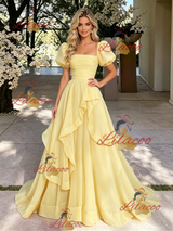 Yelow Tulle Puff Sleeve Pleats Prom Dress
