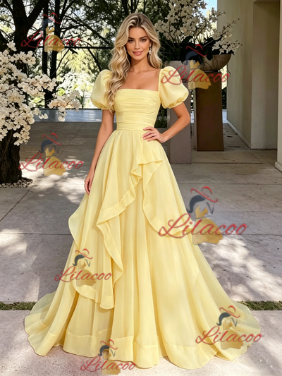 Yelow Tulle Puff Sleeve Pleats Prom Dress