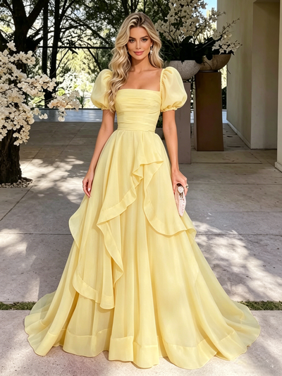 Yelow Tulle Puff Sleeve Pleats Prom Dress