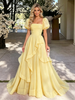 Yelow Tulle Puff Sleeve Pleats Prom Dress