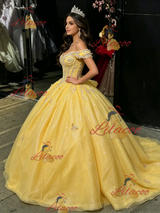 Yellow TUlle Off the Shoulder Appliques Quinceanera Dress