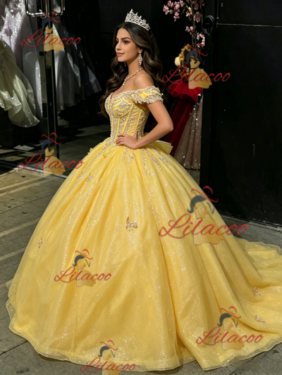 Yellow TUlle Off the Shoulder Appliques Quinceanera Dress
