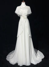 White Chiffon Appliques Pearls Wedding Dress
